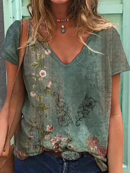 

Ethnic Loose V Neck Casual T-Shirt, Green, T-Shirts