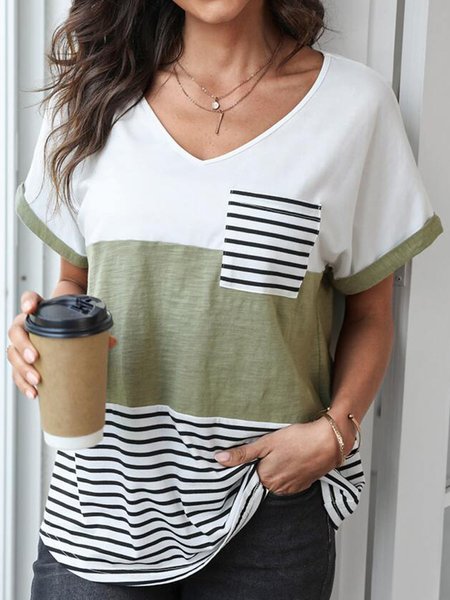 

Women's summer striped patchwork color short sleeve T-shirt, White, T-Shirts