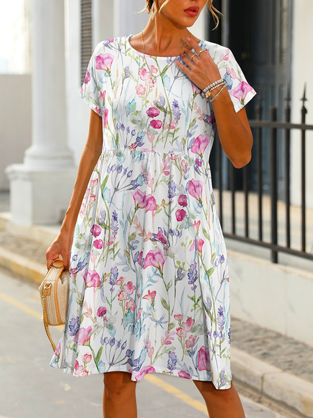 

Crew Neck Vacation Floral Loose Dress, White, Dresses