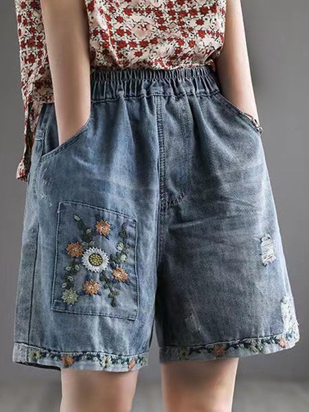 

Denim Vacation Floral Loose Denim Shorts, Blue, Shorts