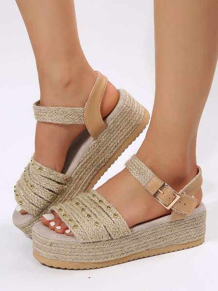 

Studded Beige Braided Straps Platform Espadrille Sandals, Sandals