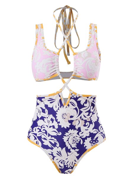 

Elegant Floral Printing Scoop Neck One-Piece Swimsuit, Yellow, One-Pieces