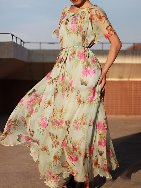 

Vacation Floral Crew Neck Short Sleeve Maxi Dress, As picture, Maxi Dresses