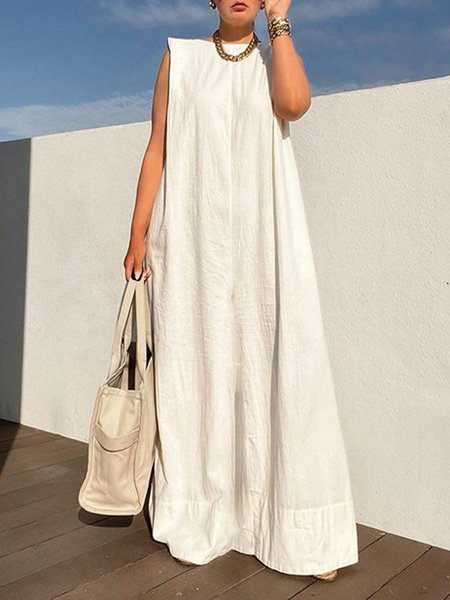

Daily Plain Elegant Boat Neck Dress, White, Maxi Dresses