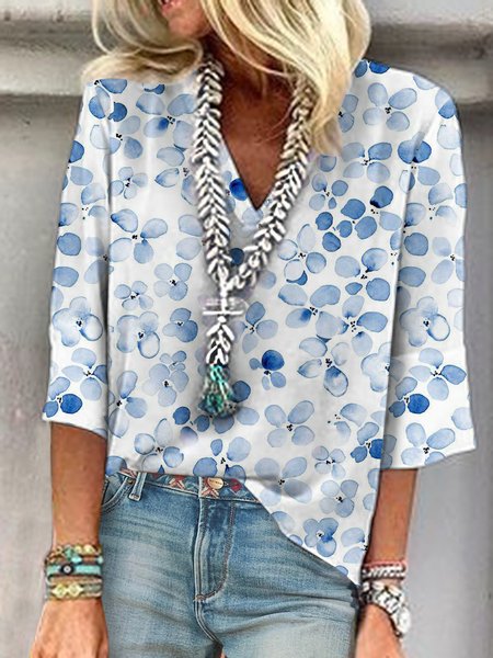 

V Neck Casual Loose Floral Shirt, Blue, Shirts & Blouses