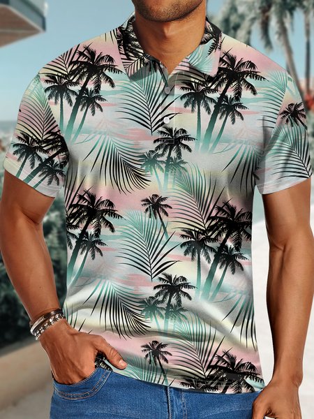 

Men's Polo Collar Coconut Tree Regular Fit Hawaii Polo Shirt, As picture, T-shirts