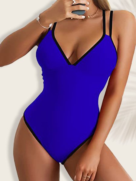 

Casual Color Block Split Joint V Neck One-Piece Swimsuit, Black-blue, One-Pieces