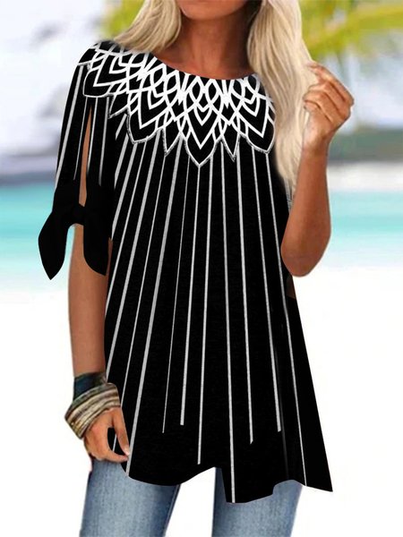 

Women Half Sleeve Crew Neck Striped Stitching Women Tops, Black-white, Shirts & Blouses