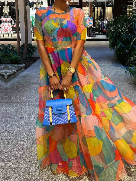 Loose Elegant Crew Neck Short sleeve Abstract Long Dress, As picture, Maxi Dresses