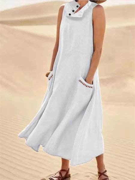 

Asymmetrical Loose Linen Plain Summer Dress, White, Midi Dresses