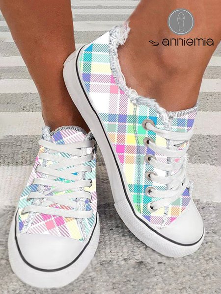 

Easter Day Multicolor Plaid Print Fringe Hem Lace-up Canvas Shoes, Sneakers