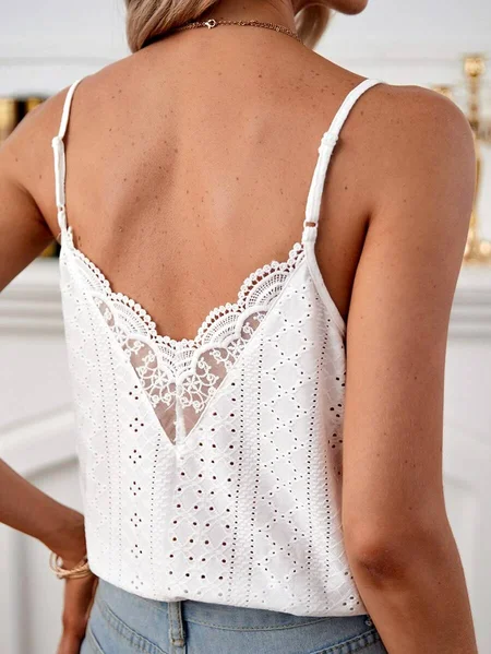

Vacation V Neck Lace Loose Eyelet Embroidery Contrast Guipure Lace Scallop Trim Tank Top, White, Tanks & Camis