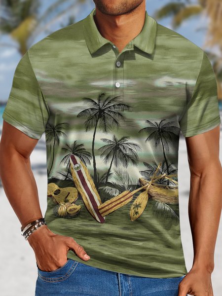 

Men's Polo Collar Hawaii Coconut Art Print Tree Polo Shirt, Green, T-shirts