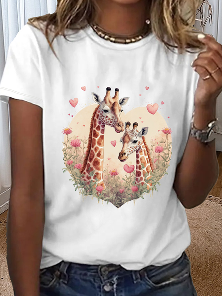 

Women‘s Cute Giraffe Hearts Crew Neck Cotton Simple T-Shirt, White, T-shirts