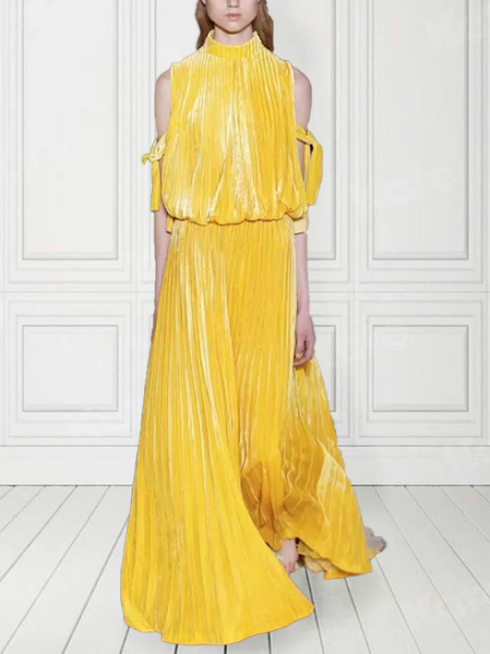 

Elegant Plain Wedding Guest Dress, Yellow, Maxi Dresses