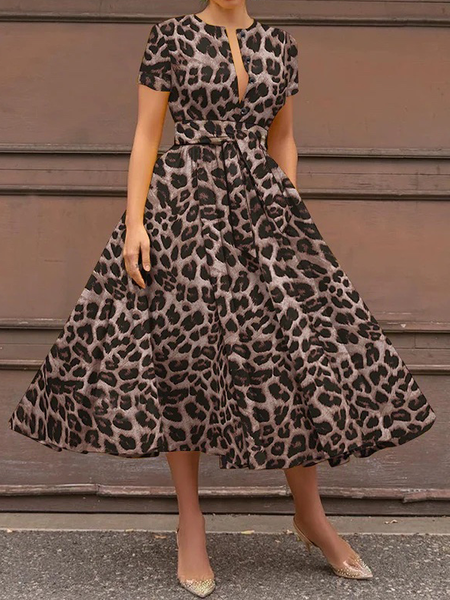 

Crew Neck Regular Fit Short sleeve Leopard Elegant Midi Dress, Midi Dresses