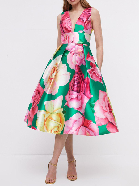 

Green Plunge Neck Midi Dress In Printed Twill, Flower, Midi Dresses