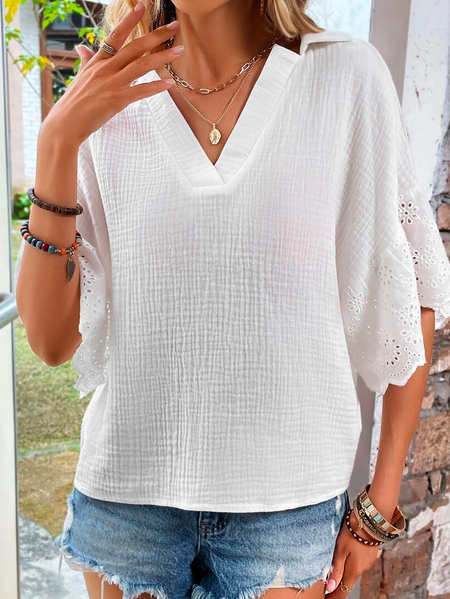 

Cotton Loose V Neck Lace Plain Vacation Blouse, White, Shirts & Blouses