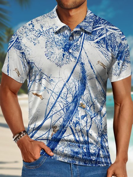 

Men’s Outdoor Vacation Trees And Animals Pattern Casual Regular Fit Polo Collar Polo Shirt, As picture, T-shirts