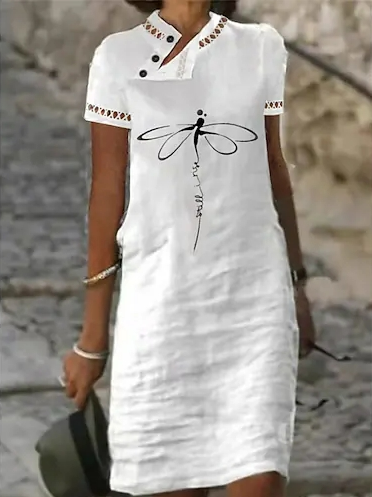 

Linen Cotton Loose Text Letters Dress, White, Mini Dresses