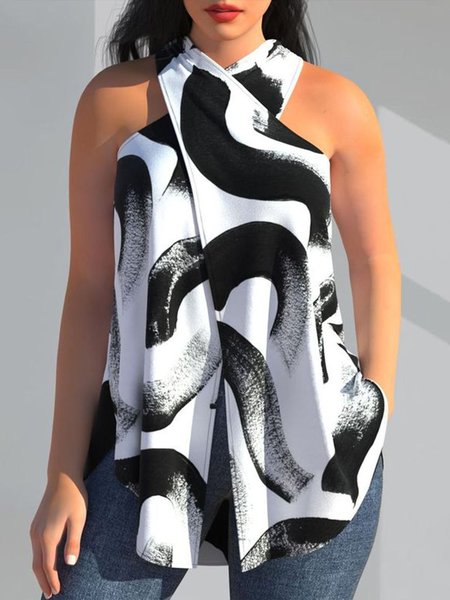 

Loose Random Print Casual Halter T-Shirt, Black-white, Tanks and Camis