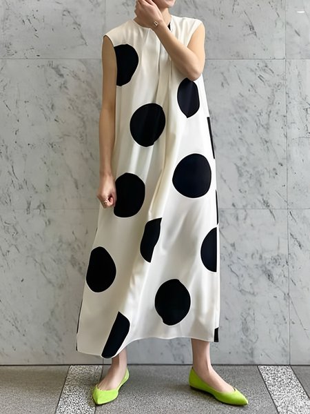 

Crew Neck Loose Urban Polka Dots Sleeveless Dress, Off white, Maxi Dresses