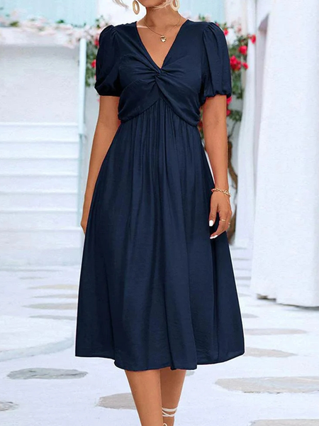 

Plain Loose Casual V Neck Dress, Blue, Dresses