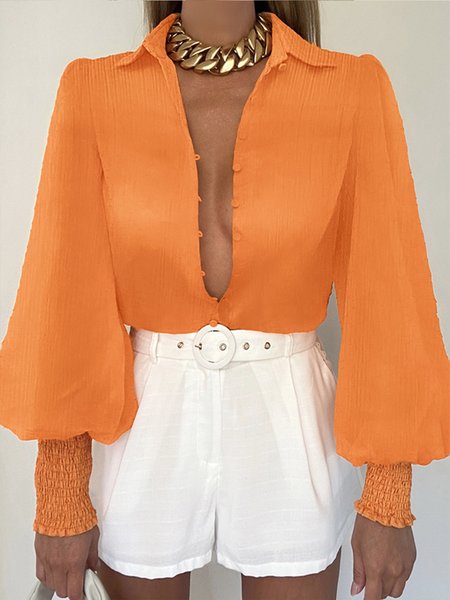 

Regular Fit Shirt Collar Plain Elegant Blouse, Orange, Blouses and Shirts