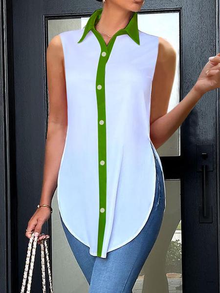 

Shirt Collar Color Block Sleeveless Regular Fit Urban Blouse, White-green, Blouses and Shirts