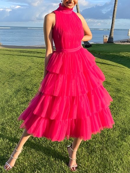 

Elegant Sleeveless Plain Regular Fit Midi Dress, Deep pink, Midi Dresses