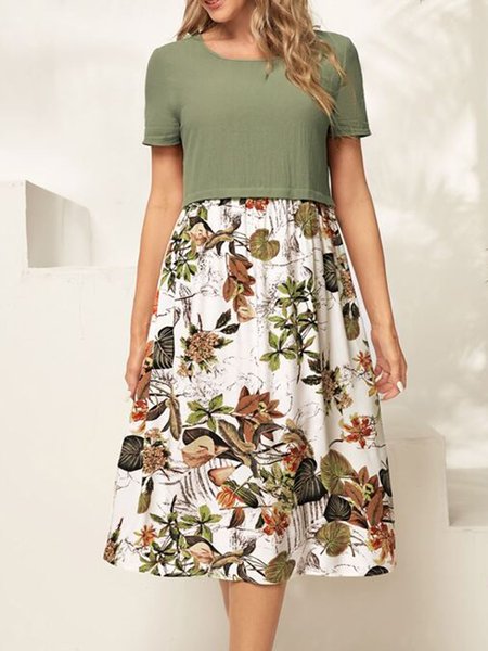 

Women's summer short sleeve splicing casual cotton hemp dress, Green, Dresses