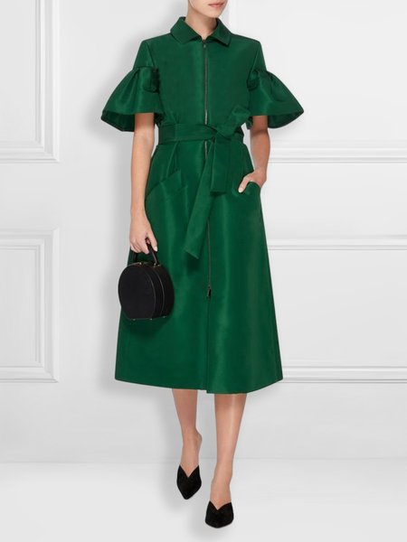 

Shirt Collar Urban Plain Regular Fit Midi Dress, Green, Midi Dresses