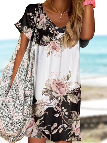 

V Neck Casual Floral Dress, Gray, Dresses