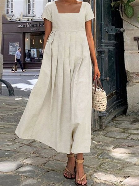

Loose Cotton And Linen Casual Plain Dress, Light khaki, Dresses