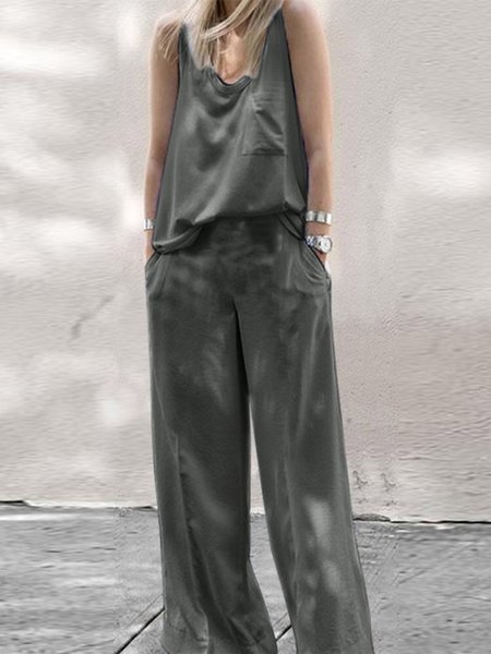 

Loose Plain Crew Neck Casual Two-Piece Set, Deep gray, Suits