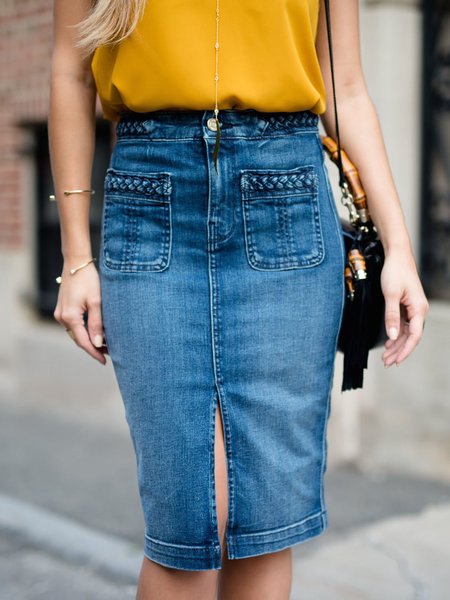 

Casual Plain Regular Fit Denim Denim Skirt, Blue, Skirts