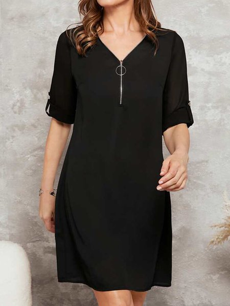

Women's summer short-sleeved V-neck zipper casual dress, Black, Dresses