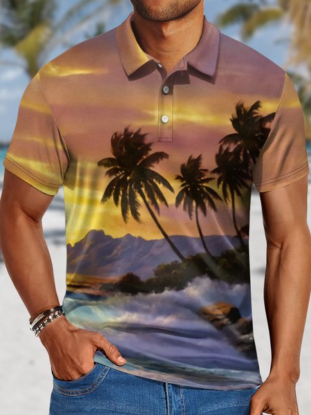 

Men's Sunset Coconut Trees On The Hawaiian Coast Art Printing Urban Regular Fit Polo Collar Coconut Tree Polo Shirt, Black, T-shirts