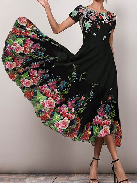 

Regular Fit Floral Crew Neck Boho Dress, Black, Dresses