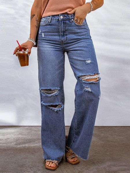 

Casual Loose Denim Plain Blue Distressed High Waist Straight Leg Jeans, Jeans