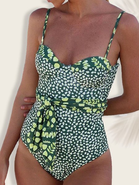 

Casual Polka Dots Printing Notched One-Piece Swimsuit, Green, One-Pieces