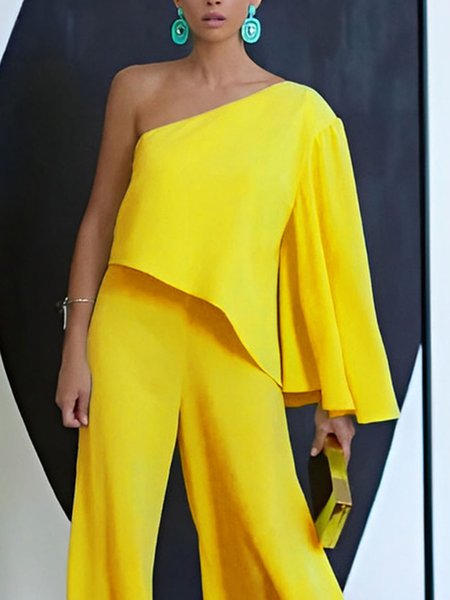

Urban Loose One Shoulder Plain Shirt, Yellow, Blouses and Shirts