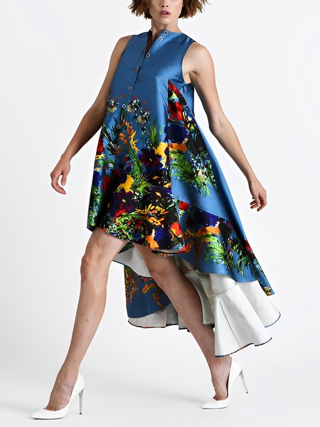 

Vacation Loose Floral Sleeveless Midi Dress, Blue, Midi Dresses