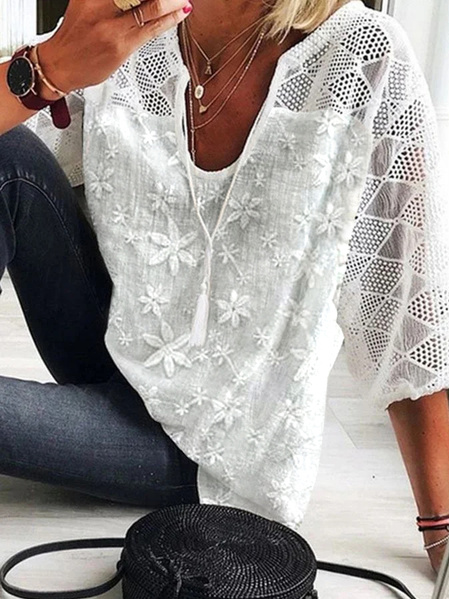 

Scoop Neck Plain Simple Loose Shirt, White, Shirts & Blouses