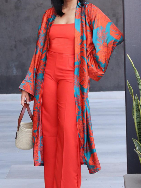 

Loose Urban Floral V Neck Long sleeve Mid-long Kimono, Red, Others
