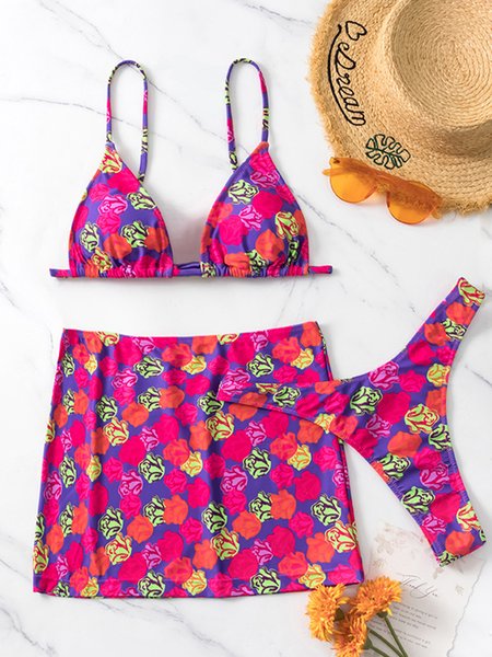 

Vacation Floral Printing V Neck Bikini With Cover Up, Red, Bikini Sets