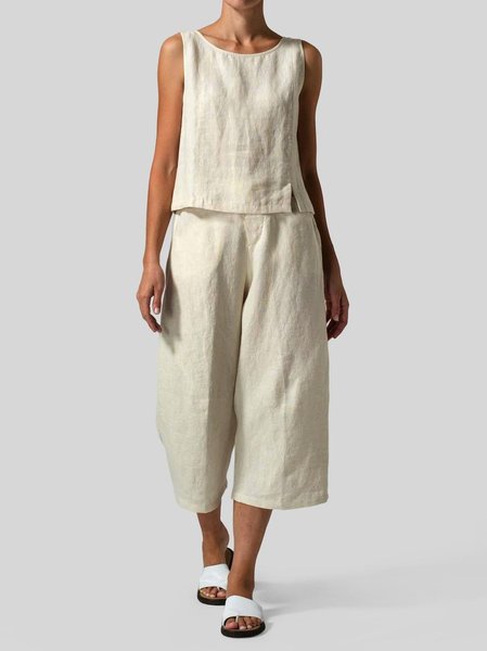 

Cotton And Linen Linen Plain Loose Two-Piece Set, Off white, Tops