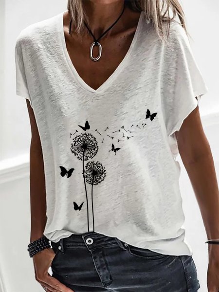 

Women Casual Plain Dandelion Short Sleeve V Neck Summer T-Shirt, White, Tees & T-shirts