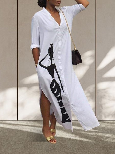 

Loose Figure Shirt Collar Casual Dress, White, Midi Dresses