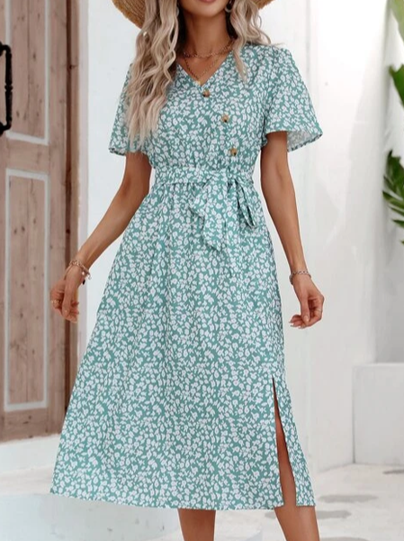 

Vacation V Neck Buckle Loose Dress, Green, Dresses
